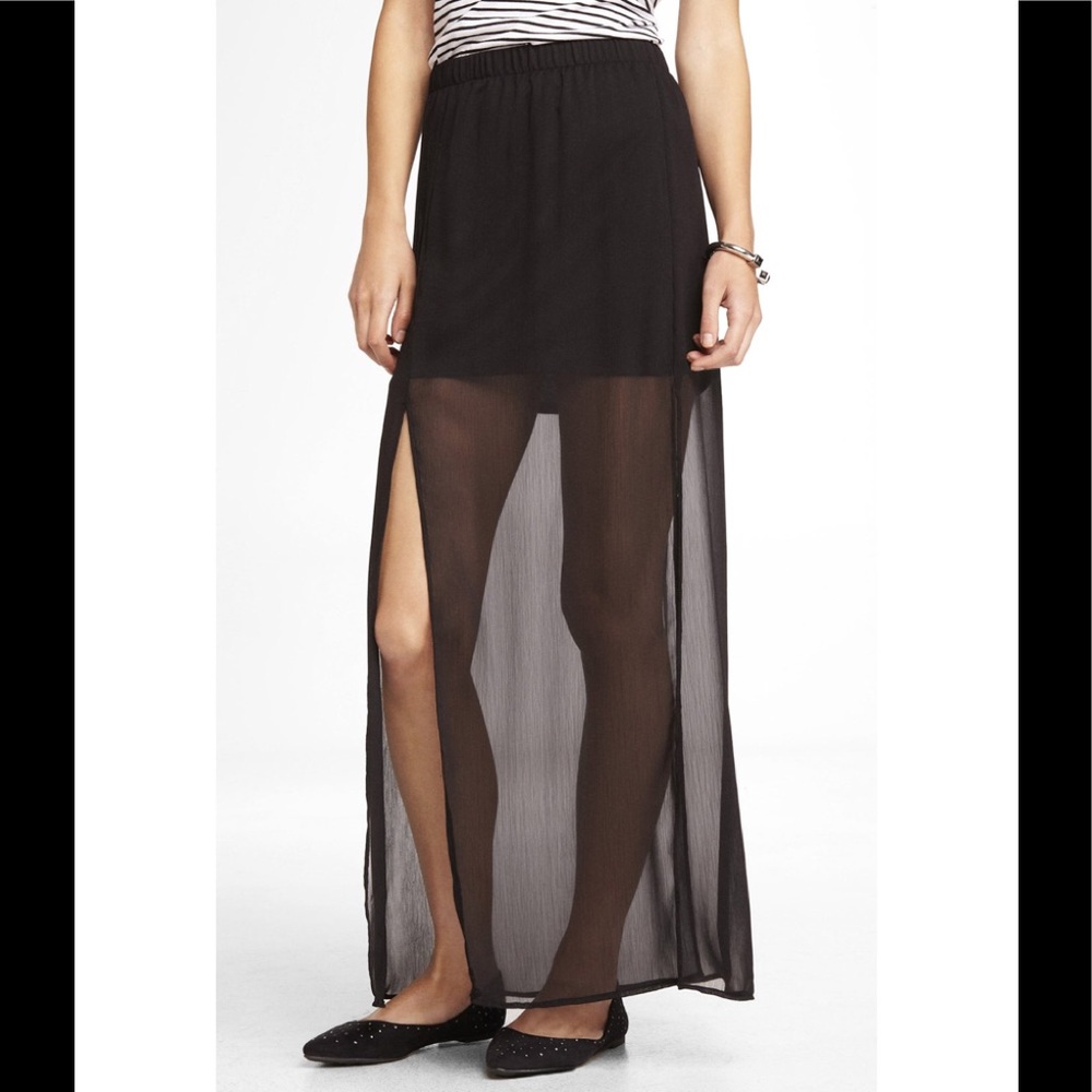 Express Black Chiffon Double Slit Maxi Skirt